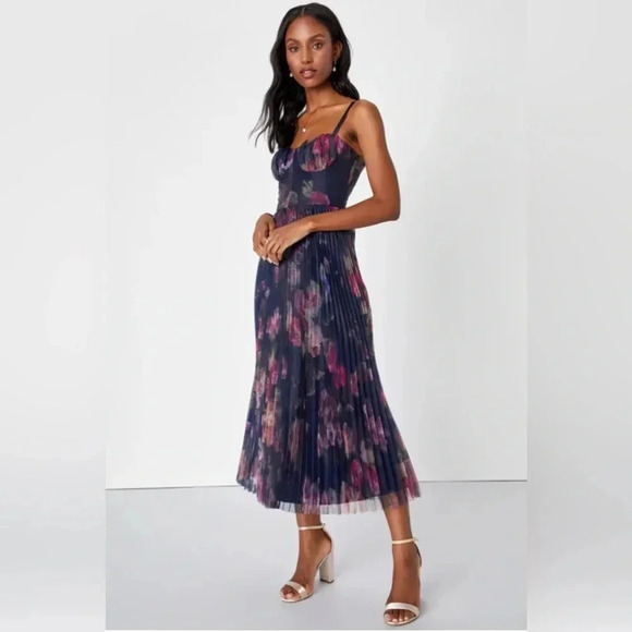 Lulus Alluring Invite Midnight Blue Floral Pleated Bustier Midi Dress sz XL nwot - Picture 4 of 4